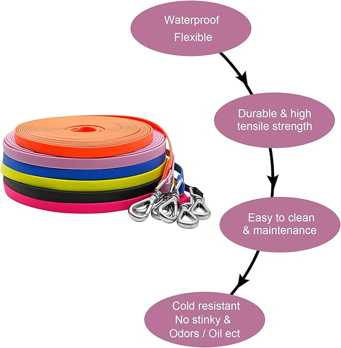 Long Dog Leash Waterproof Recall Training Lead Outdoor Long Line Great for Training, Beach, Play, Camping, or Backyard