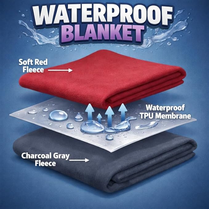 Premium Deluxe * 100% Waterproof Blanket Guarantees to Keep Your Bed Dry! Crinkle-Free Ultra-Soft Fleece Furniture Protector for People Kids Pets. EZ Wash/Dry Red/Grey Reversible 60x40