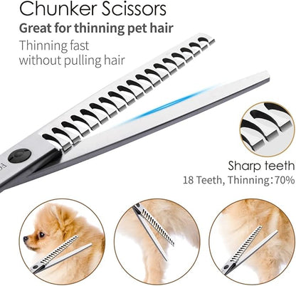 FOGOSP Professional 7.5" Dog Grooming Scissors Kit 4pcs, JP 440C Stainless Steel Curved Blender Straight Chunker Shears for Dog Cat and Pets (7.5 in Kit, Black)