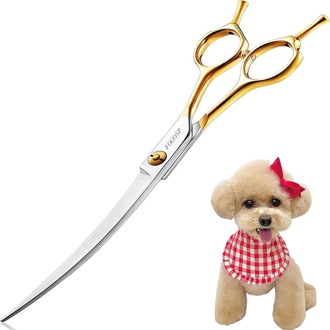 Curved Dog Grooming Scissors Professional 7.5" Grooming Shears for Dogs Pet Right Handed Groomer Japan 440C Stainless Steel (7.5 in Curved, Gold)