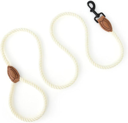 Mile High Life Dog Leash, Braided Cotton Rope Leashes with Leather Tailor Tip with Leather Tip - Heavy Duty Metal Clasp, 5FT, 1/2" Thick - Wedding, Walking Leash for Medium Large Dogs(Cream White)