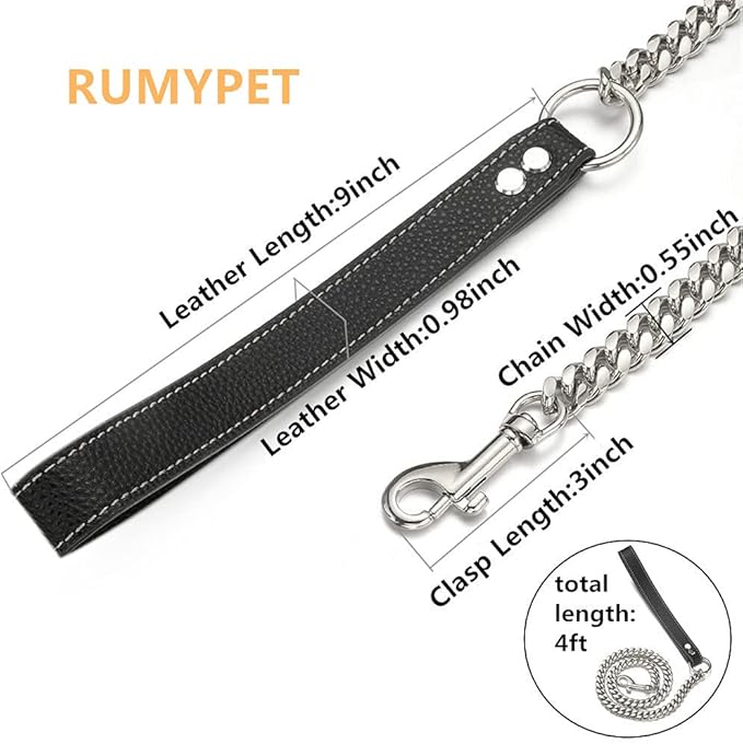 3FT/4FT/5FT Heavy Duty Silver Dog Chain Leash 14MM Stainless Steel Miami Cuban Link Chain with Durable Genuine Leather Handle for Training Walking(14mm,4ft)…