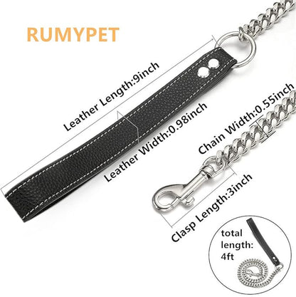 3FT/4FT/5FT Heavy Duty Silver Dog Chain Leash 14MM Stainless Steel Miami Cuban Link Chain with Durable Genuine Leather Handle for Training Walking(14mm,4ft)…