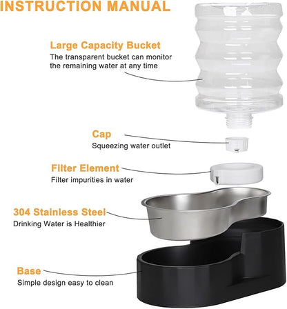 RIZZARI Dog Water Bowl Dispenser: 5L Black Stainless Steel Gravity Feeder with Filter - Easy Refill - Detachable 304 Stainless Bowl - for Small Pets & Multi-Pet Owners - Home Kitchen Patio