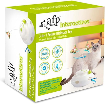 ALL FOR PAWS 3 in 1 Interactive Cat Butterfly Flutter Toy with Rolling Balls, Poping Feather Toy Automatic Kitten Spinner Toys, Mental Stimulation for Indoor Cats, USB Rechargeable Kitty Toys