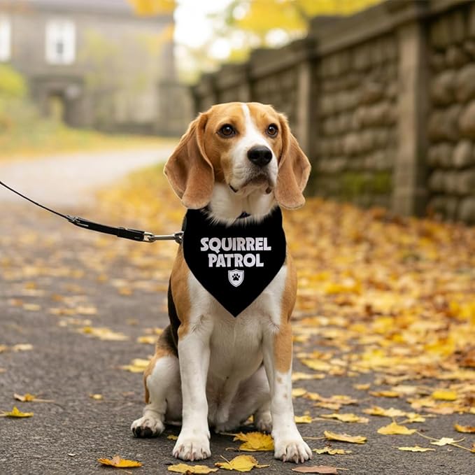 Squirrel Patrol Dog Bandana, Black Dog Bandana, Funny Cute Dog Bandana, Pet Dog Triangle Scarf, Dog Bandana for Small Medium Large Dogs, Gift for Dog Lover (D19)