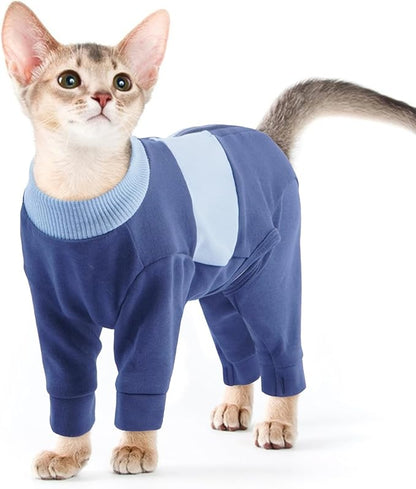 QBLEEV Cat Clothes, Soft Cat Sweaters for Cats Only, Kitten Surgery Recovery Suit Onesie Pajamas, Four Legs Cats Shirts Apparel Clothing for Hair Loss Prevention, Blue, XS