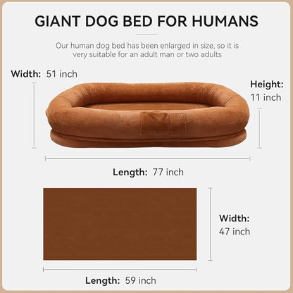Ultra-Soft Human Size Dog Bed for People and Pets; 77”x51”x11” Extra Large Dog Bed with Raised Cushioned Rim, Removable Cover, Waterproof Lining and Bonus Blanket (77"x51"x11", Brown)