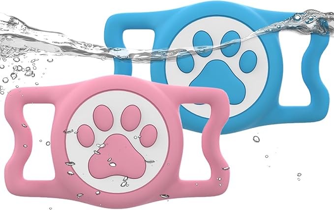 WhoseID IP68 Waterpoof Dog Airtag Holder, Stretchy Silicone Full Body Covered Apple Air Tag Holder for Dog Cat Collar Fit All Width Collar (Blue/Pink, 2 Pack)