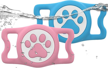 WhoseID IP68 Waterpoof Dog Airtag Holder, Stretchy Silicone Full Body Covered Apple Air Tag Holder for Dog Cat Collar Fit All Width Collar (Blue/Pink, 2 Pack)