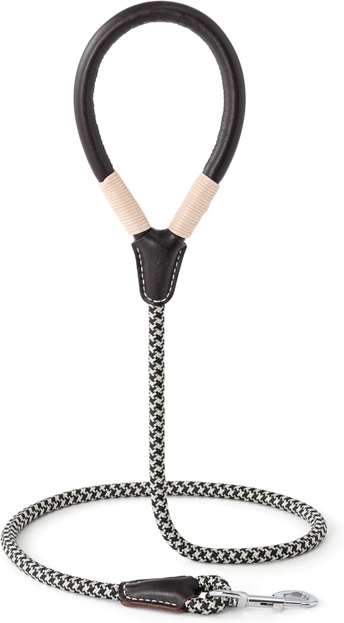 Mile High Life Genuine Leather Wrapped Handle Dog Leash, w Heavy Duty Clasp Rope Leash for Small Medium Large Dogs (Black Khaki, 4FT)