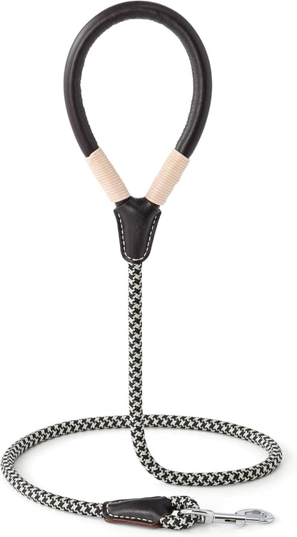 Mile High Life Genuine Leather Wrapped Handle Dog Leash, w Heavy Duty Clasp Rope Leash for Small Medium Large Dogs (Black Khaki, 5FT)