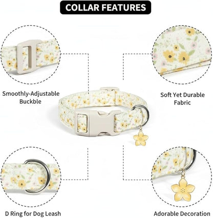 Dog Collar, Unique Floral Dog Collar Girl, Spring Summer Design Pet Collar with Cute Charm, Quick Release Buckle and Durable Fabric, Suitable for Small, Medium and Large Dogs