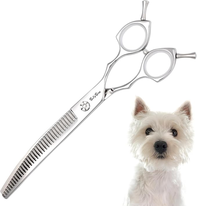 7.5in Curved Chunker Dog Grooming Scissors, 35 Teeth Professional Dog Cutting Scissors, 25 Degree Bend High-end Shears for Pet Groomers or Family Use, with Symmetric Handle, Thinning Rate 65%, Silver