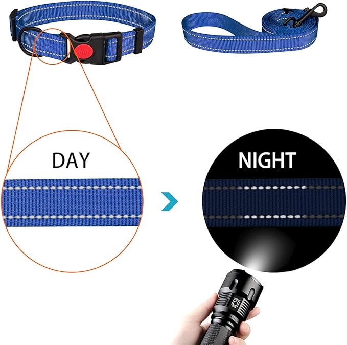 Reflective Dog Collar and Leash Set with Safety Locking Buckle Nylon Pet Collars Adjustable for Small Medium Large Dogs 3 Sizes(Navy Blue&L)