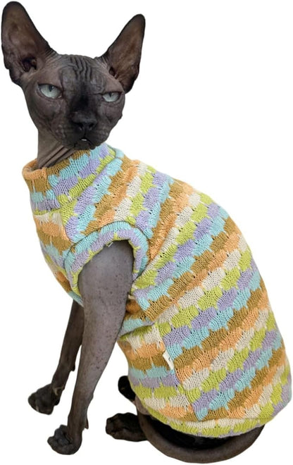 Sphynx Cat Clothes Hairless Cat Vest Elastic Cat Sweater Outfit, Pet Clothes for Sphynx Cat Coat for Cats and Small Dogs Apparel, Hairless cat Shirts Sweaters (Cyan Chestnut, Small)
