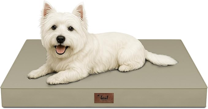 Tail Stories Outdoor Dog Bed for Small Dogs & Cats, Waterproof Dog Crate Mat Orthopedic Egg Crate Foam with Washable Removable Oxford Cover, Khaki