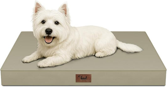 Tail Stories Outdoor Dog Bed for Small Dogs & Cats, Waterproof Dog Crate Mat Orthopedic Egg Crate Foam with Washable Removable Oxford Cover, Khaki