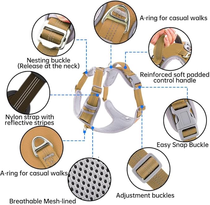 Paawpal Adjustable Dog Harness - No Pull, Reflective, Soft Padded for Small, Medium, Large Dogs - Includes Leash Beige L