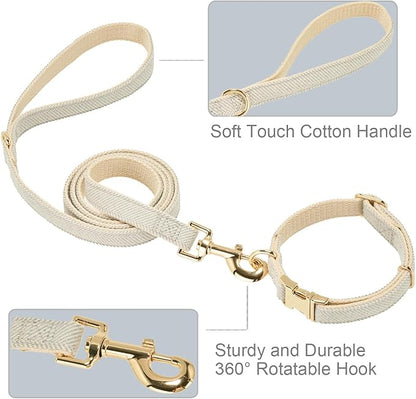 Ewinoom Soft Hemp Dog Collar and Leash Set Adjustable Woven Tweed Dog Collars with Metal Buckle and Lead for Small Medium Large Dogs,Grey
