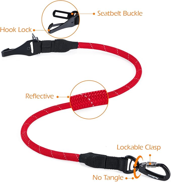 PetBonus Dog Seat Belt for Car, Durable Rope Dog Car Harness Seatbelt for Vehicle, Pet Tether Safety Restraint with Heavy Duty Buckle Hook Latch Lockable Clip for Small Medium Large Breeds (Red)
