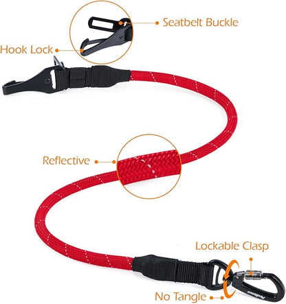 PetBonus Dog Seat Belt for Car, Durable Rope Dog Car Harness Seatbelt for Vehicle, Pet Tether Safety Restraint with Heavy Duty Buckle Hook Latch Lockable Clip for Small Medium Large Breeds (Red)