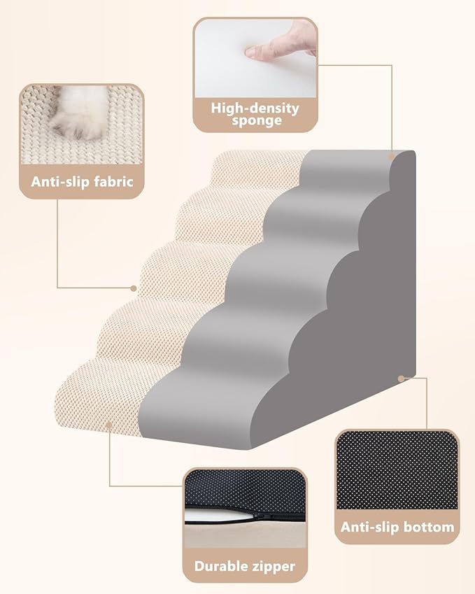 Aodisman Dog Stairs for High Bed,5 Step Dog Ramp for Small and Medium Dogs,Pet Stairs with Non-Slip Bottom for Puppy, Older Cat,Indoor Pet Steps,Comfort,Durable,22.4" H,Beige