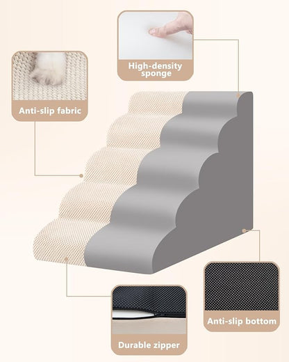 Aodisman Dog Stairs for High Bed,5 Step Dog Ramp for Small and Medium Dogs,Pet Stairs with Non-Slip Bottom for Puppy, Older Cat,Indoor Pet Steps,Comfort,Durable,22.4" H,Beige