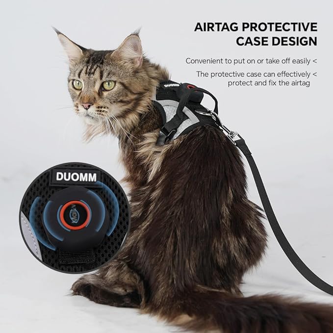 Cat Harness Leash Set with AirTag Holder, Upgraded Escape Proof Vest with Lead for Large Cat Small Dog Puppy Outdoor Walking, Soft Breathable Mesh Jacket with Reflective Strip (Black, L)