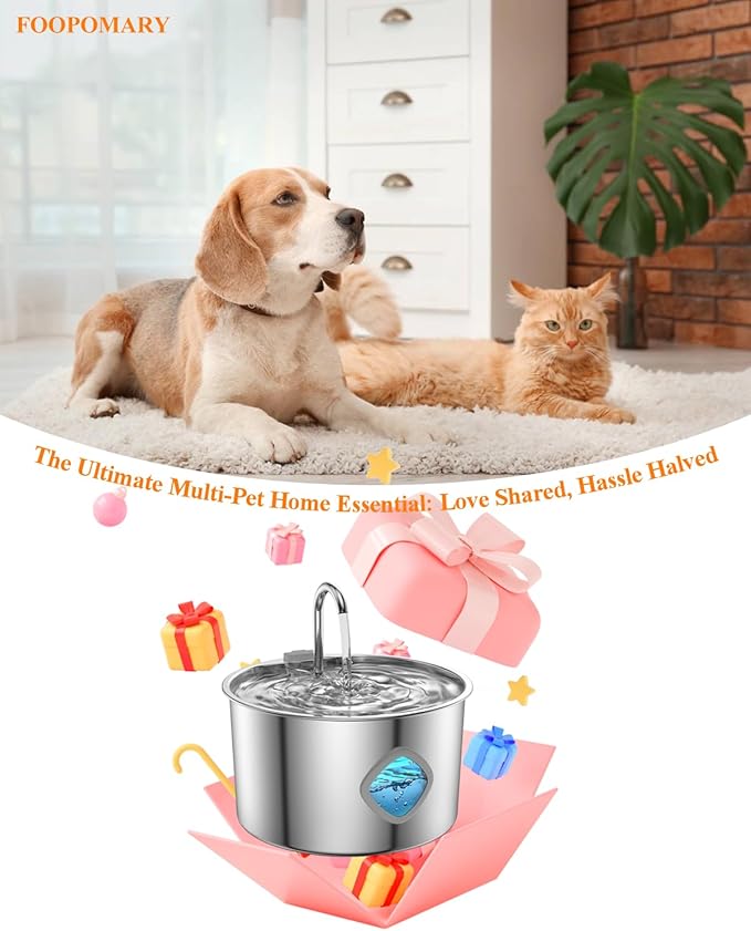 Cat Water Fountain Stainless Steel with 12 Filters Kit [3.2L/108oz] Automatic Water Dispenser with LED Water Level Window, Easy to Clean Metal Pet Drinking Fountain for Kitty to Large Cats Indoor