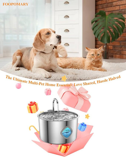 Cat Water Fountain Stainless Steel with 12 Filters Kit [3.2L/108oz] Automatic Water Dispenser with LED Water Level Window, Easy to Clean Metal Pet Drinking Fountain for Kitty to Large Cats Indoor
