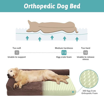 COZY KISS Orthopedic Dog Bed for Large Size Dog, XL Dogs Crate Bed, L Shaped Foam Anti-Slip Bottom Pet Cat Sofa with Washable Removable Cover, Suitable for Pet Up to 100 lbs, 42x30x7.5 inch, Brown