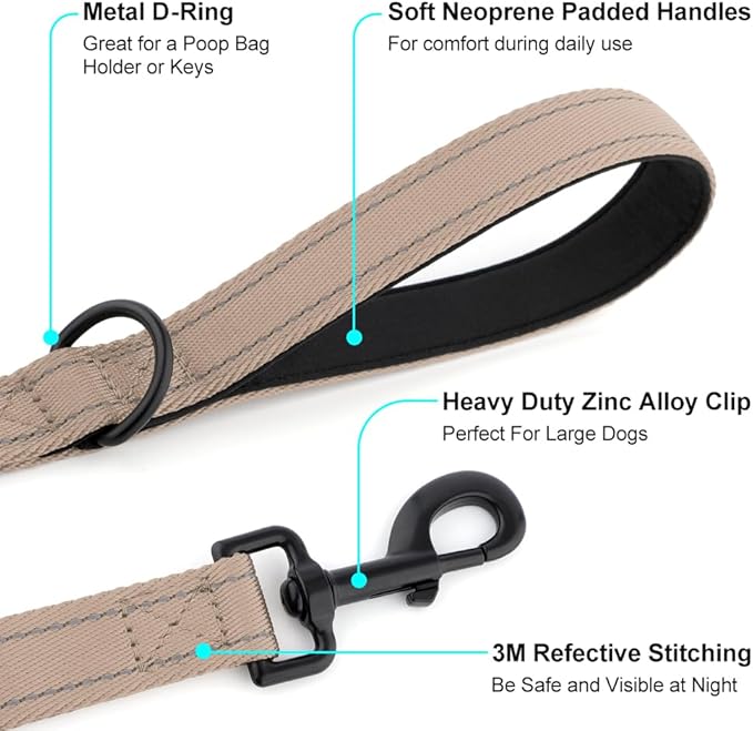 Heavy Duty Double Handle Dog Leash 6 ft Long for Total Control, Padded 2 Handle, Reflective Training Lead for Medium Large Dogs (Beige, 6 FT)