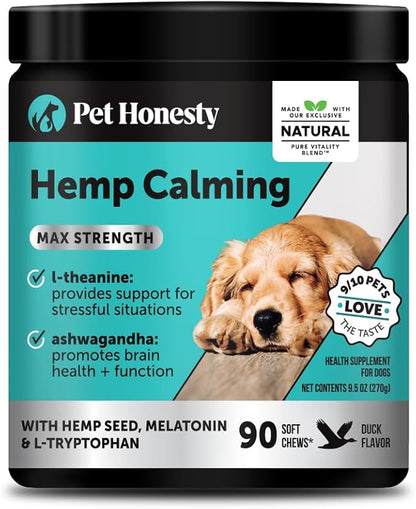 Natural Hemp Calming Chews for Dogs, Maximum Strength Stress Support for Anxiousness with Melatonin & Valerian Root, Non-Sedating Dog Relaxing Chews for Separation, Thunder & Vet Visits – Duck (90 Ct)