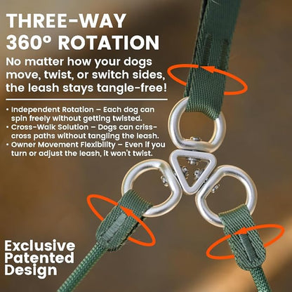 Howgo Double Slip Leash Slip Lead with Two Handles| Dual Dog Slip Lead for 2 Dogs,360° Swivel No Tangle | Dog Training Collar | Double Clip Leash Coupler and Splitter (Black, 6FT)