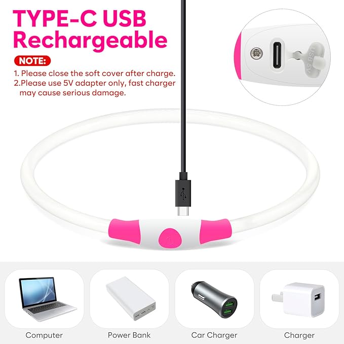 HIGO LED Dog Collar, USB Rechargeable Light Up Dog Collars Glow in The Dark, Waterproof LED Dog Necklace for Your Dogs Walking at Night (Pink)