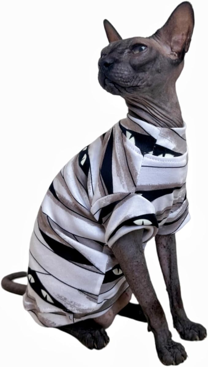 Limited Edition Sphynx Cat T-Shirts Elastic Hairless Cat Sweatshirt Pet Kitten Clothes Round Collar Kitten Shirts Vest Cats & Small Dogs Apparel (Mummy, M (5.5-6.6 lbs))