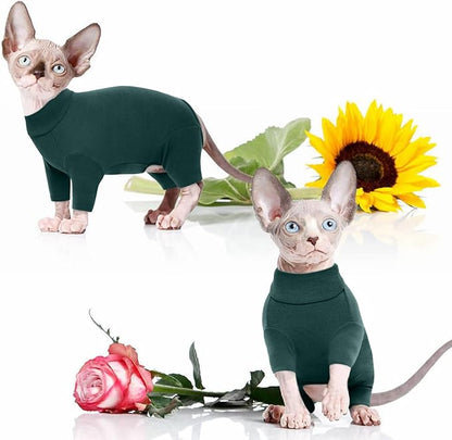 ROZKITCH Hairless Cat Clothes, Breathable Soft Jumpers for Cats Only, Full Cover Clothing with Four Legs, Warm Sweater T-Shirt Pajamas Jumpsuit Vest Cornish Rex Devon Rex Peterbald DarkGreen L