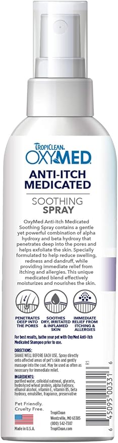 TropiClean OxyMed Hot Spot Treatment for Dogs, Medicated Dog Itching Skin Relief Spray, Anti-Itch Spray Quickly Soothes Skin Irriration, Alleviate Scratching, Chewing & Licking, Safe for Cats, 8oz