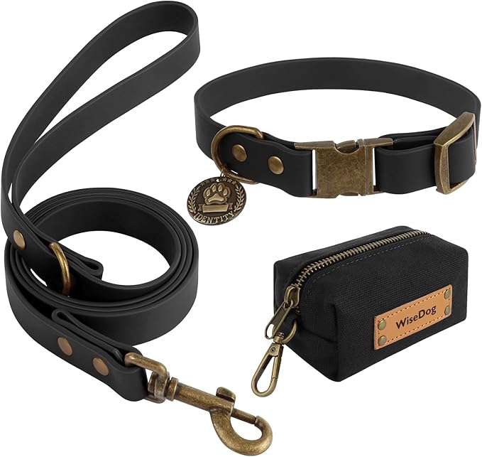 Wisedog Dog Collar and Leash Set, Waterproof Adjustable Puppy Collars with Cute Tag 4FT Dog Leash with Poop Bag for Small Medium Large Dogs (XS, Black)