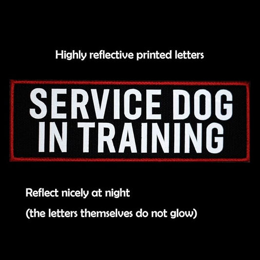2 Pcs Reflective Service Dog in Training Patch Set with Hook and Loop Fastener, Embroidered Border with Printed Letters Patch for Dog Vest Harness (3.5 x 1.2 inches)