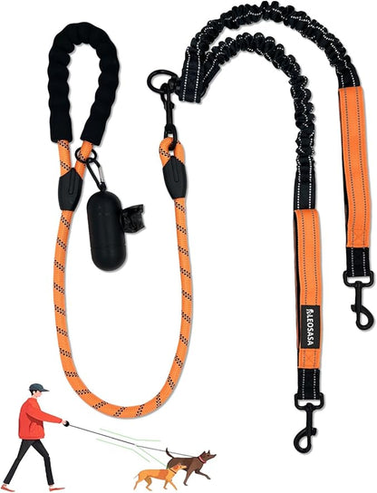 Double Dogs Leash - Removable Main Lead Rope with Splitter, No Tangle 2 Dog Coupler, Reflective No Pull Bungee, 3 Handle, D-Ring, Extra Long for Walk Train Medium Large Two Pet (Orange)