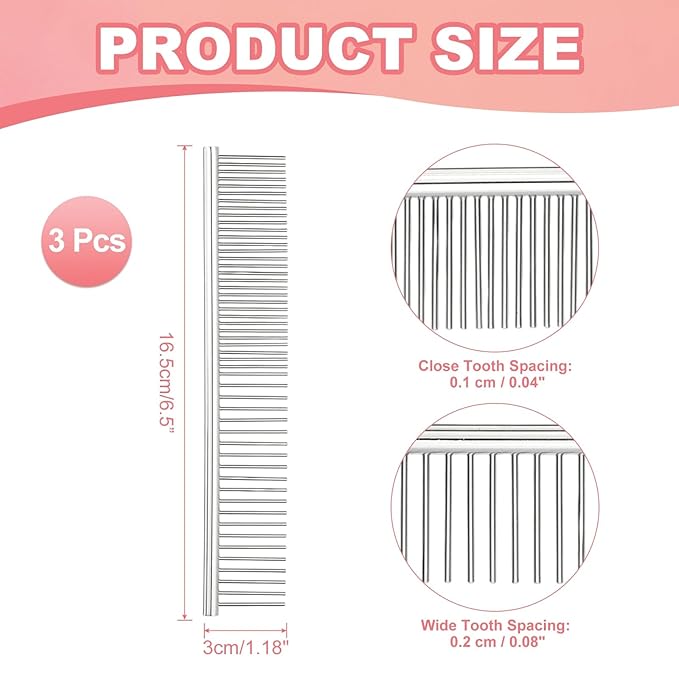 PETAXCELL Dog Cat Comb, Pet Combs Stainless Steel Teeth with Rounded Ends for Knots Mats Loose Hair Removal, 6.5IN (Silver, 3 Pack), Grooming Tool Intended for Long Curly Hair Pet