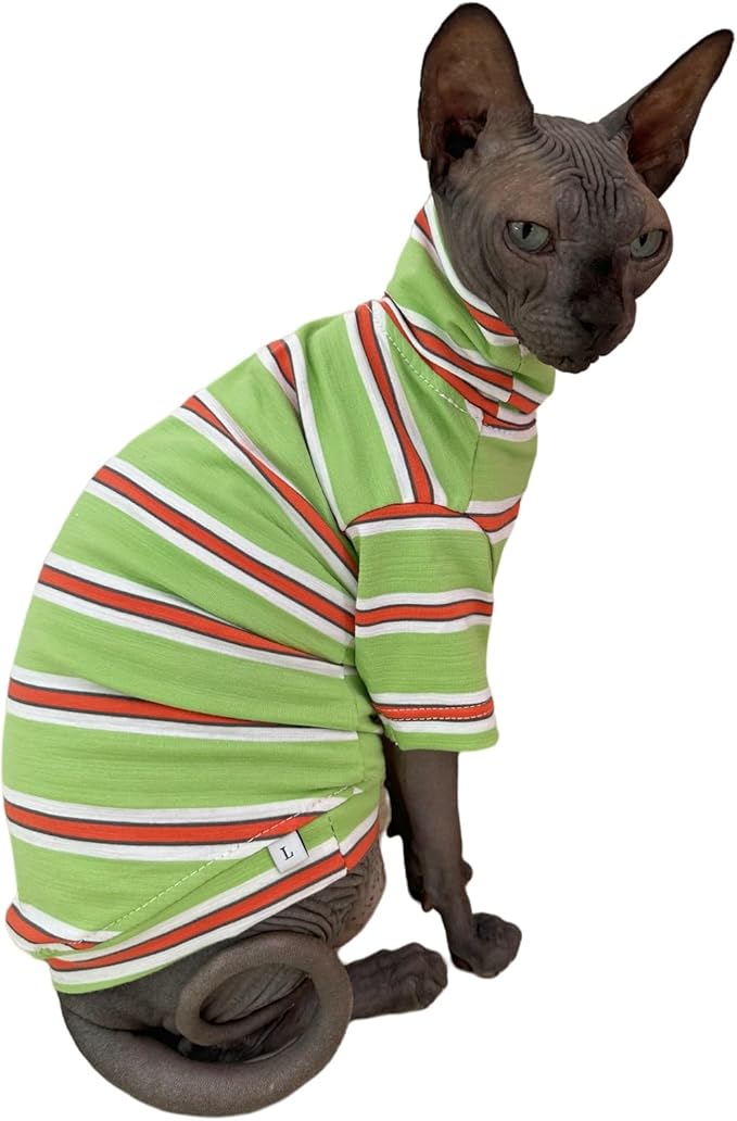 Vintage Stripes Sphynx Hairless Cats Shirt Cotton Cat Turtleneck Pet Clothes Kitten T-Shirts with Sleeves for Sphynx Cornish Rex, Devon Rex, Peterbald (Orange & Green, X-Large (Pack of 1))