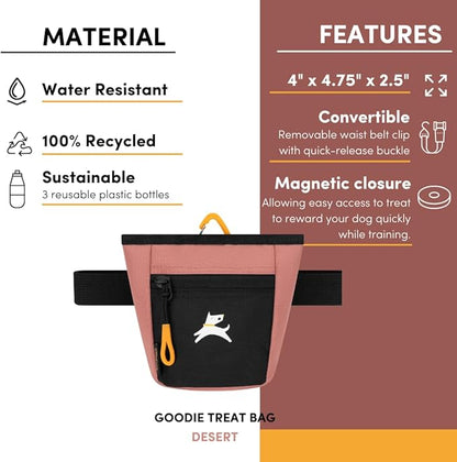 OllyDog Goodie Treat Bag, Dog Treat Pouch, Waist Belt Clip for Hands-Free Training, Magnetic Closure, Dog Training and Behavior Aids, Three Ways to Wear (Desert)
