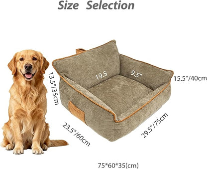 RAFASAFA Large Orthopedic Dog Sofa Bed with Sides, Carry Handle & Side Pockets .Plush Chenille Orthopedic Pet Bed Couch for Large Dogs.Portable Snuggler for Indoor Use, Travel & Recovery(Brown)