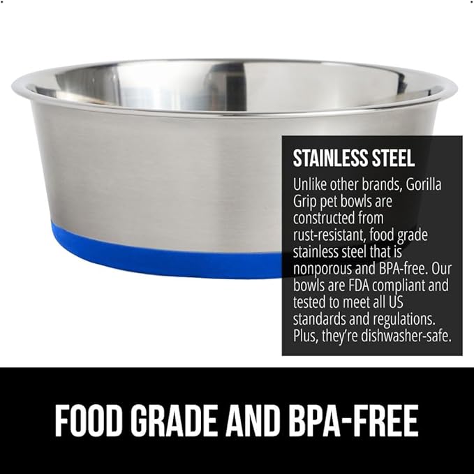 GORILLA GRIP Dog Bowls, Holds 4 Cups Each (32 fl oz), Heavy Duty Stainless Steel Food and Water Bowl for Feeding Dogs and Cats, Dishwasher Safe, Rust Resistant, BPA Free Rubber Base, Set of 2 Blue