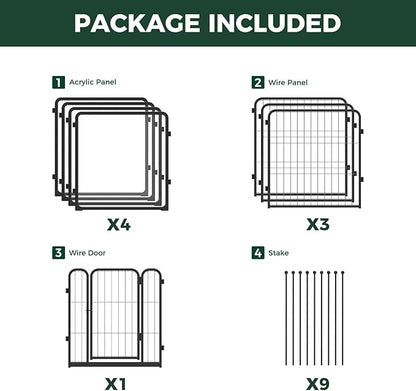 FXW Acrylic & Wire Mesh Indoor Dog Playpen, Heavy Duty 24 Inch 8 Panels Metal Dog Pen for Puppy and Small Dogs, Black│Patented