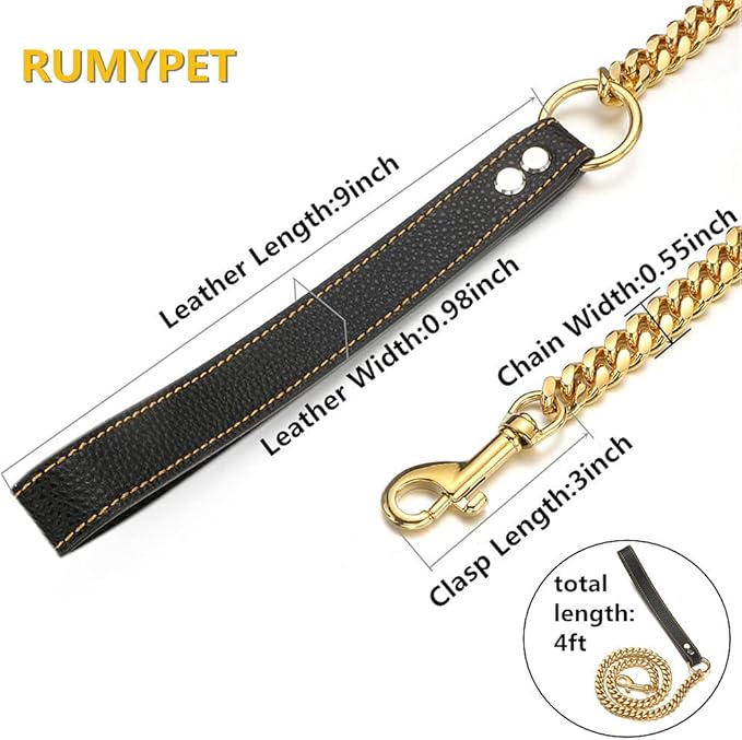3FT/4FT/5FT Heavy Duty Gold Dog Chain Leash 14MM Stainless Steel Miami Cuban Link Chain with Durable Genuine Leather Handle for Training Walking(14mm,4ft)…