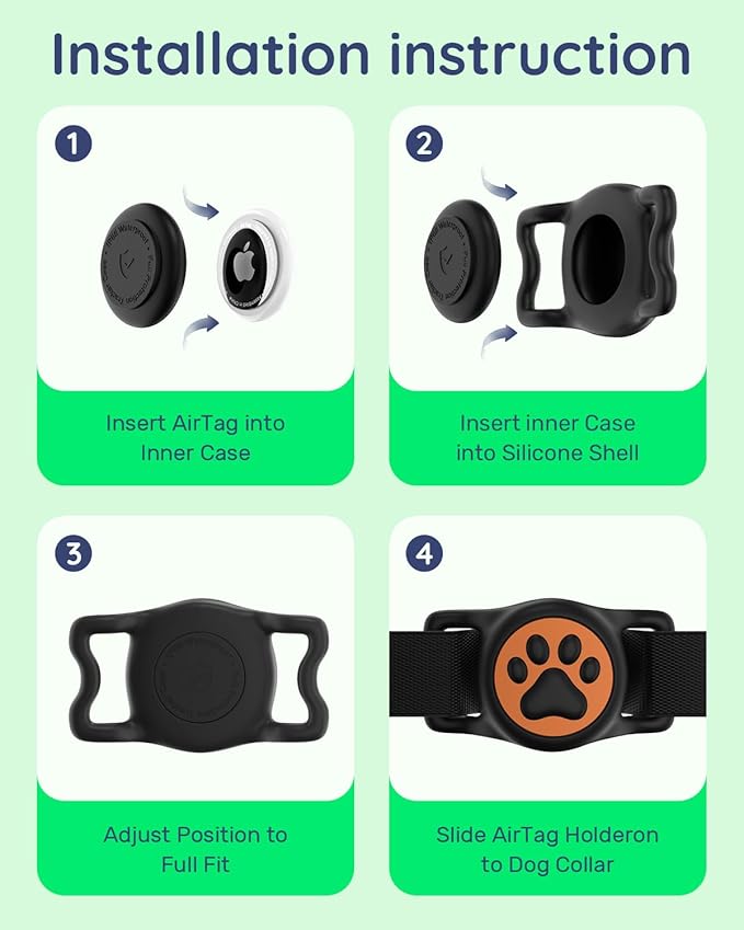 WhoseID IP68 Waterpoof Dog Air tag Holder, Stretchy Silicone Full Body Covered Apple Air Tag Holder for Dog Cat Collar Fit All Width Collar (Black & Orange, 1 Pack)